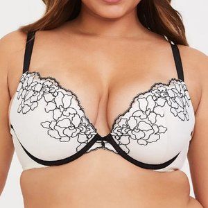 Torrid Curve Plunge Push-Up White Black Flower Embroidery Straight Back Bra 48C